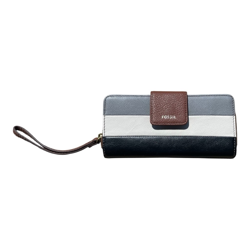 Fossil Women’s Zip Clutch Wristlet Leather Wallet Brown Gray White Black Trifold